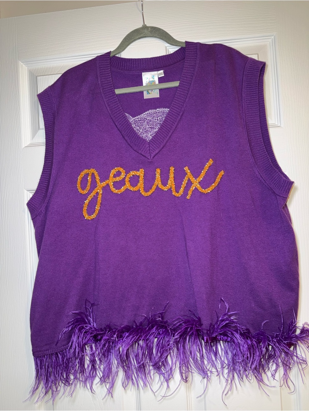 QUEEN OF SPARKLES Purple V‑Neck Feather Hem Sweater Vest with Gold 'Geaux'